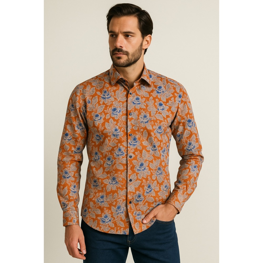 Coton‎ Doux Shirt Mens 43 x 17 Large Orange Blue Floral Button Front Preppy